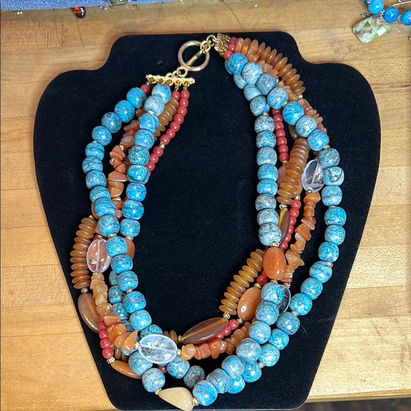 Blue and Red Multi-Strand Necklace with Natural Stones - Picture 5 of 6